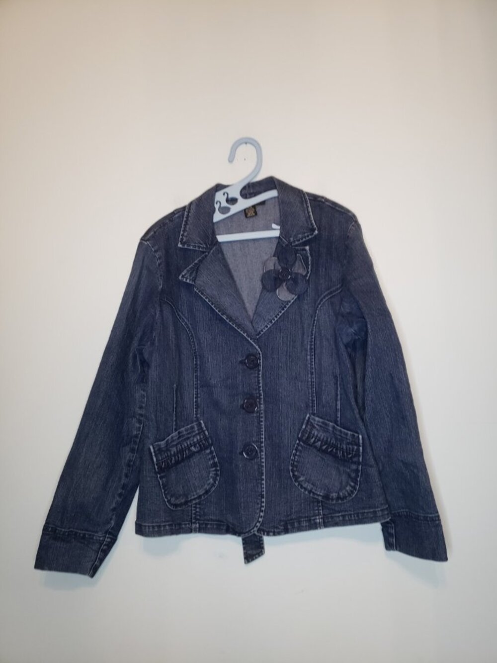 Vtg Venezia Womens 14 16 Jean Blazer Jacket Button Up Flower Ruffle Denim Fitted